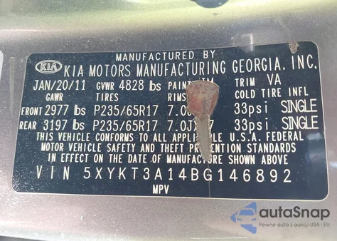 2011 Kia Sorento Lx z USA, uszkodzony, nr VIN 5XYKT3A14BG146892